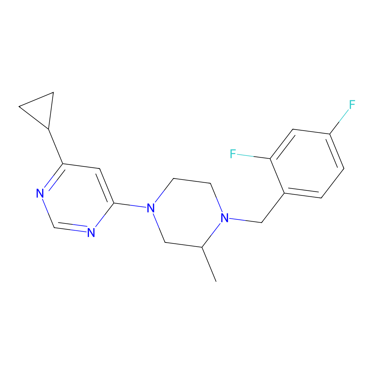 4-Cyclopropyl-6-{4-[(2,4-difluorophenyl)methyl]-3-methylpiperazin-1-yl}pyrimidine molecular structure, CAS 2741954-17-4
