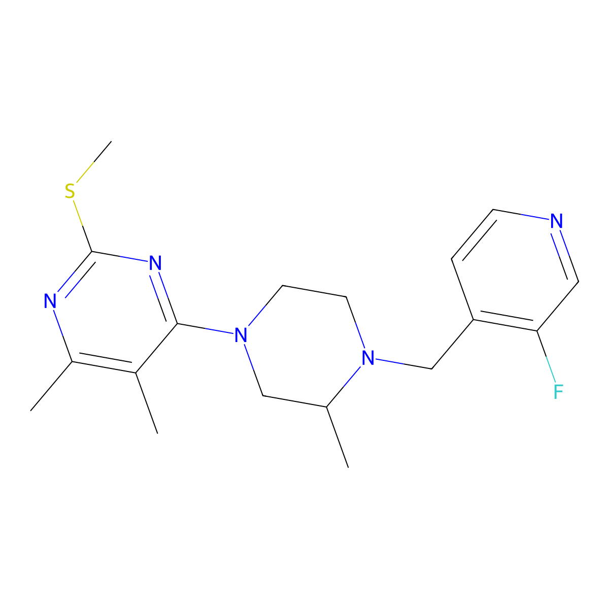4-{4-[(3-Fluoropyridin-4-yl)methyl]-3-methylpiperazin-1-yl}-5,6-dimethyl-2-(methylsulfanyl)pyrimidine molecular structure, CAS 2741954-21-0