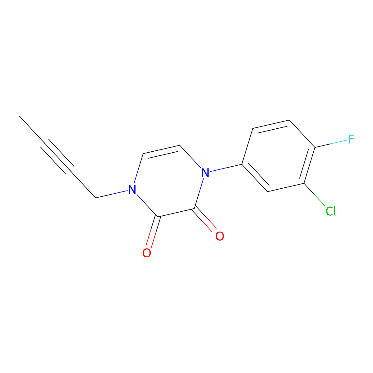 1-(But-2-yn-1-yl)-4-(3-chloro-4-fluorophenyl)-1,2,3,4-tetrahydropyrazine-2,3-dione molecular structure, CAS 2741954-26-5