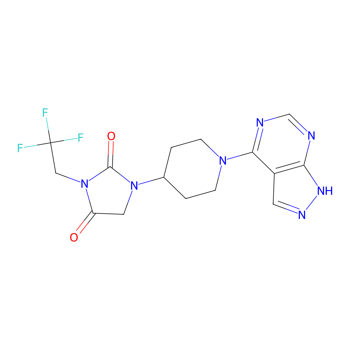 1-(1-{1H-pyrazolo[3,4-d]pyrimidin-4-yl}piperidin-4-yl)-3-(2,2,2-trifluoroethyl)imidazolidine-2,4-dione molecular structure, CAS 2741954-34-5