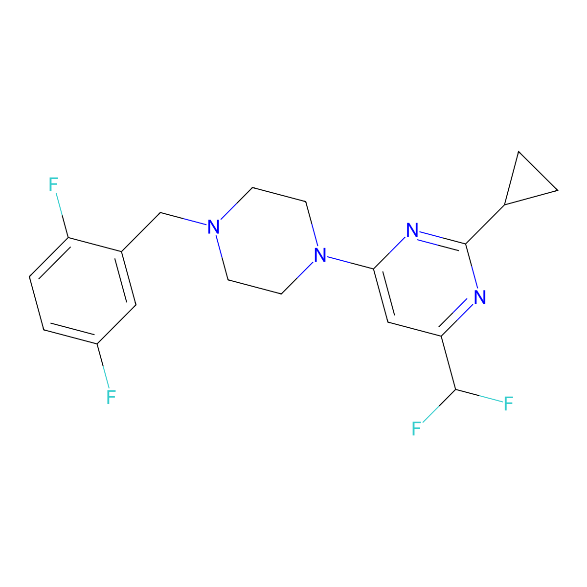 2-Cyclopropyl-4-(difluoromethyl)-6-{4-[(2,5-difluorophenyl)methyl]piperazin-1-yl}pyrimidine molecular structure, CAS 2741954-37-8