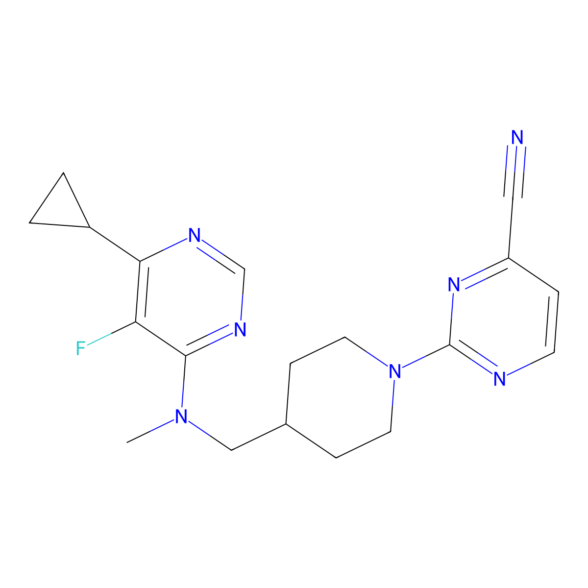 2-(4-{[(6-Cyclopropyl-5-fluoropyrimidin-4-yl)(methyl)amino]methyl}piperidin-1-yl)pyrimidine-4-carbonitrile molecular structure, CAS 2741954-41-4