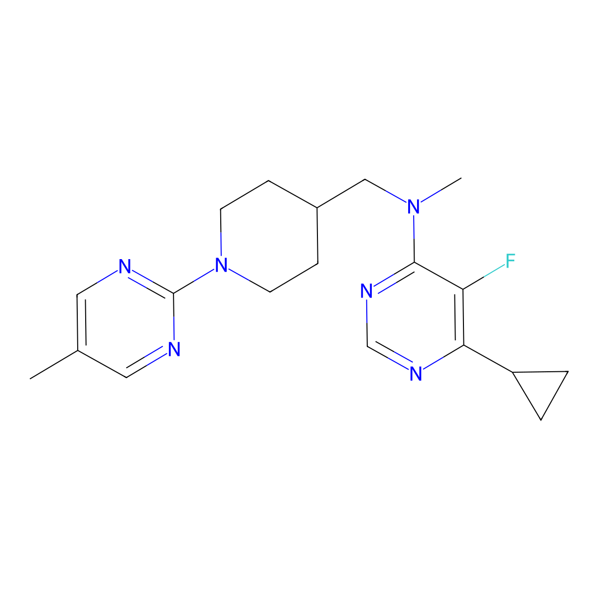 6-cyclopropyl-5-fluoro-N-methyl-N-{[1-(5-methylpyrimidin-2-yl)piperidin-4-yl]methyl}pyrimidin-4-amine molecular structure, CAS 2741954-62-9