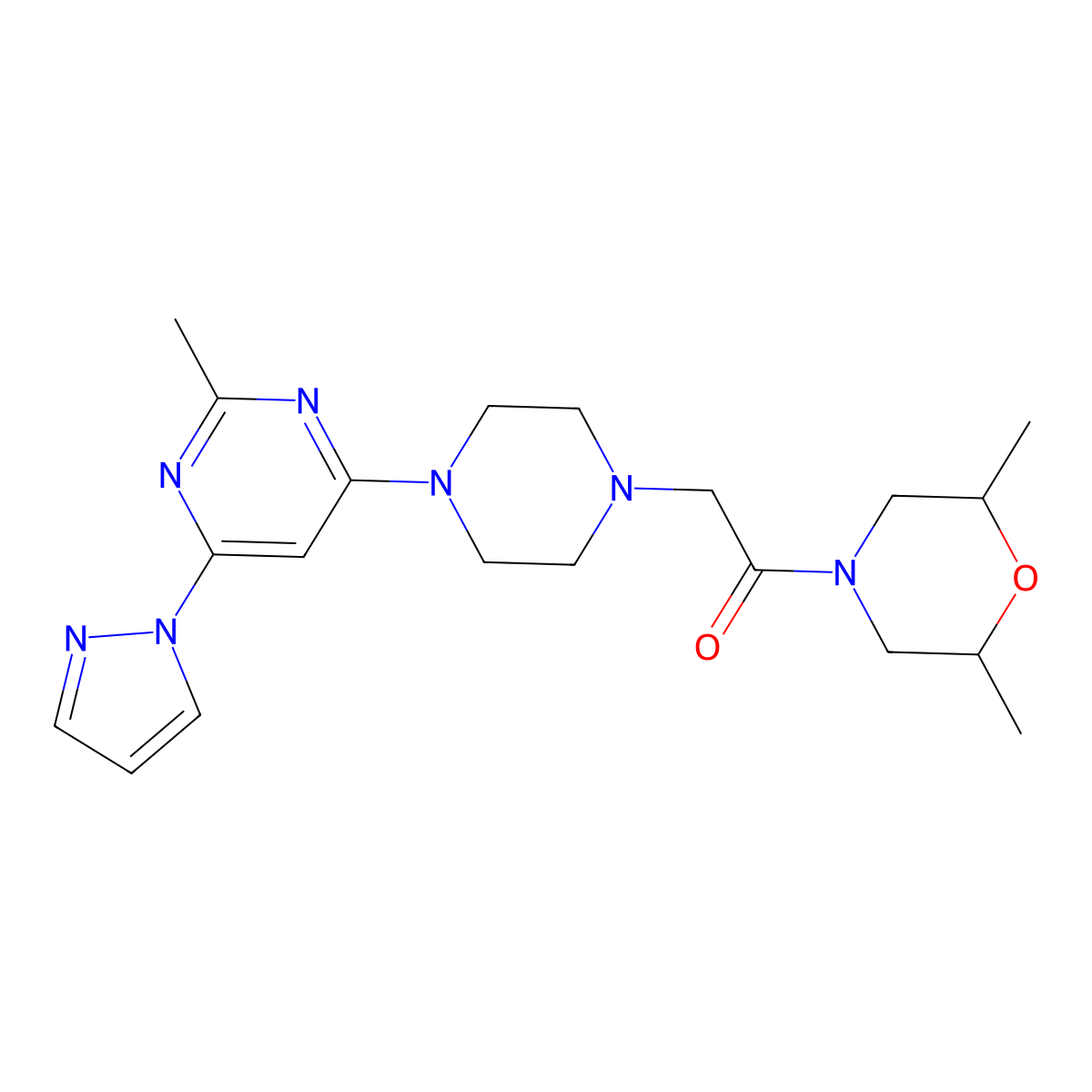 1-(2,6-dimethylmorpholin-4-yl)-2-{4-[2-methyl-6-(1H-pyrazol-1-yl)pyrimidin-4-yl]piperazin-1-yl}ethan-1-one molecular structure, CAS 2741954-63-0