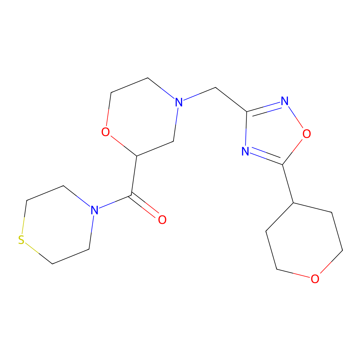 4-{[5-(Oxan-4-yl)-1,2,4-oxadiazol-3-yl]methyl}-2-(thiomorpholine-4-carbonyl)morpholine molecular structure, CAS 2741954-69-6