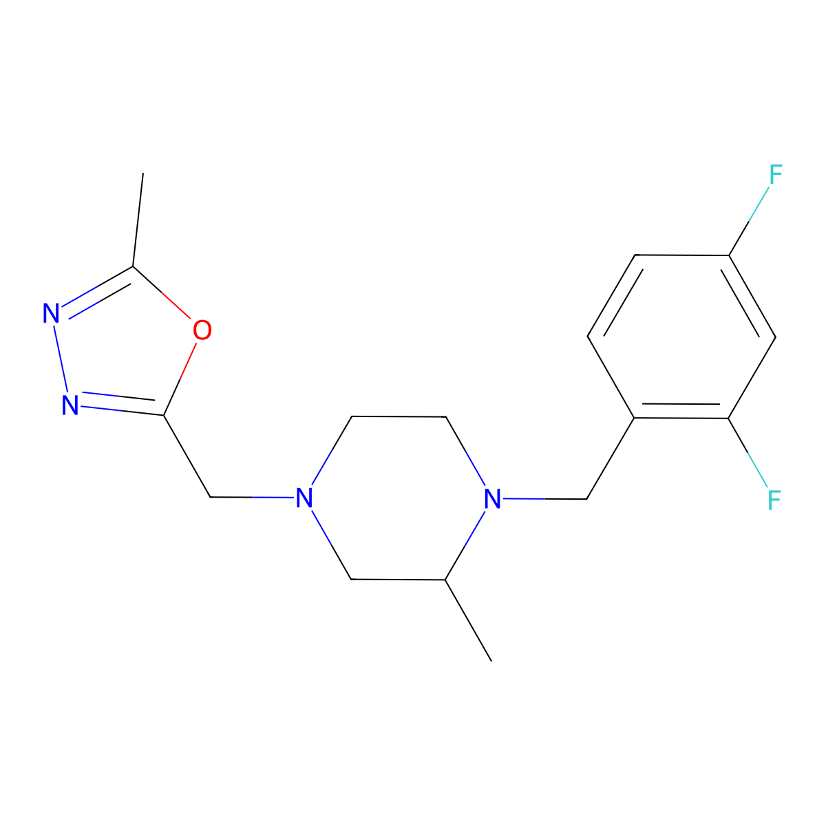 1-[(2,4-Difluorophenyl)methyl]-2-methyl-4-[(5-methyl-1,3,4-oxadiazol-2-yl)methyl]piperazine molecular structure, CAS 2741954-74-3