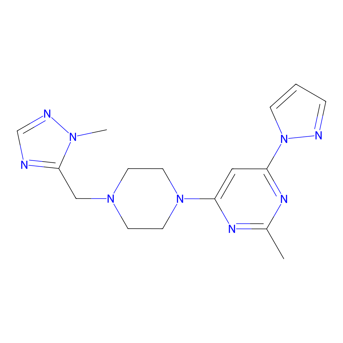 2-methyl-4-{4-[(1-methyl-1H-1,2,4-triazol-5-yl)methyl]piperazin-1-yl}-6-(1H-pyrazol-1-yl)pyrimidine molecular structure, CAS 2741954-80-1