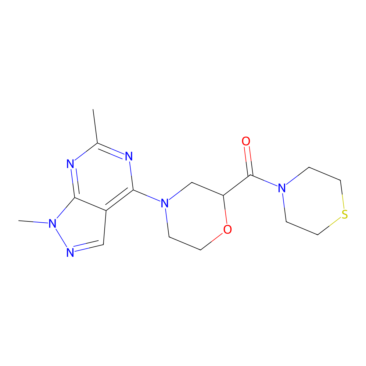 4-{1,6-dimethyl-1H-pyrazolo[3,4-d]pyrimidin-4-yl}-2-(thiomorpholine-4-carbonyl)morpholine molecular structure, CAS 2741955-00-8