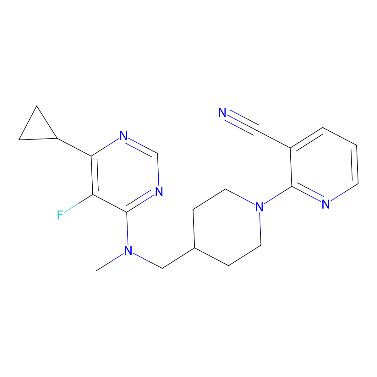 2-(4-{[(6-Cyclopropyl-5-fluoropyrimidin-4-yl)(methyl)amino]methyl}piperidin-1-yl)pyridine-3-carbonitrile molecular structure, CAS 2741955-01-9