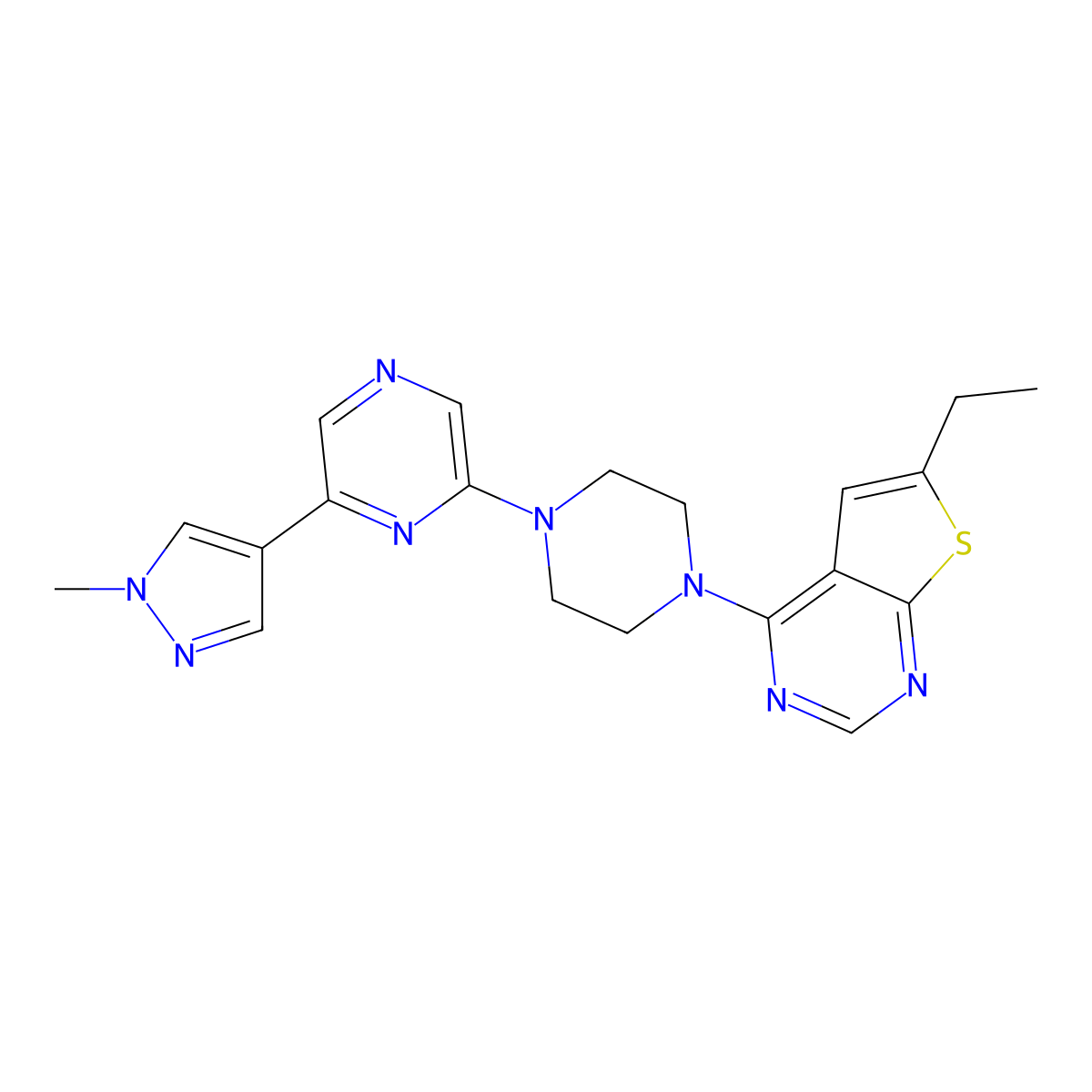 2-(4-{6-ethylthieno[2,3-d]pyrimidin-4-yl}piperazin-1-yl)-6-(1-methyl-1H-pyrazol-4-yl)pyrazine molecular structure, CAS 2741955-09-7
