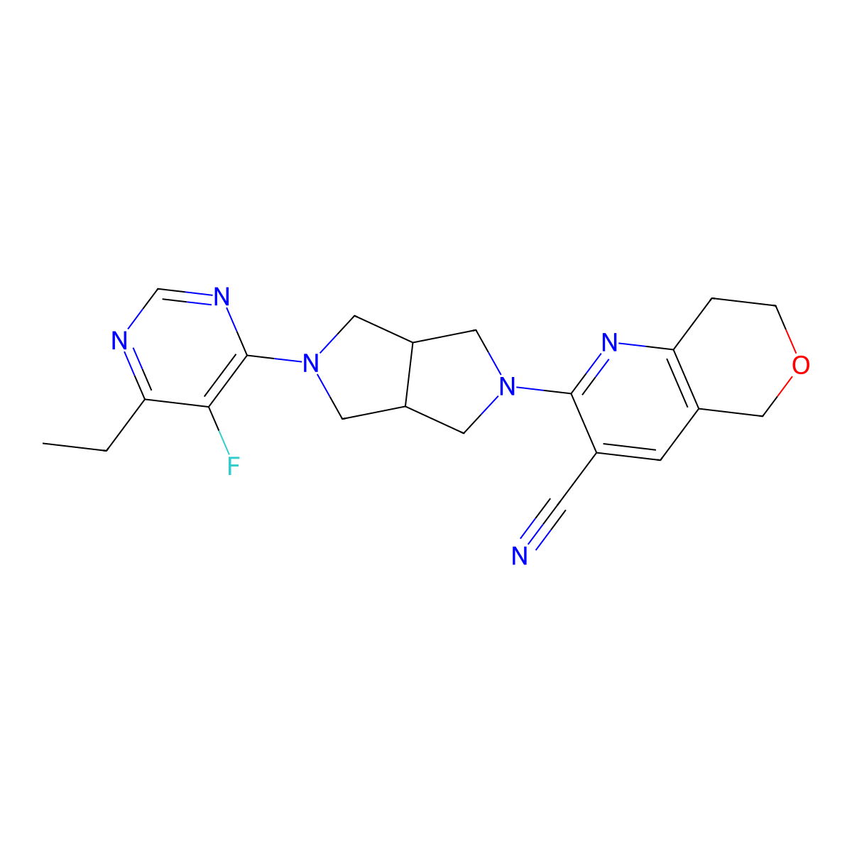 2-[5-(6-ethyl-5-fluoropyrimidin-4-yl)-octahydropyrrolo[3,4-c]pyrrol-2-yl]-5H,7H,8H-pyrano[4,3-b]pyridine-3-carbonitrile molecular structure, CAS 2741955-12-2