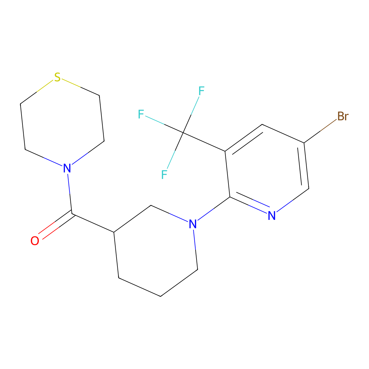 4-{1-[5-Bromo-3-(trifluoromethyl)pyridin-2-yl]piperidine-3-carbonyl}thiomorpholine molecular structure, CAS 2741955-21-3