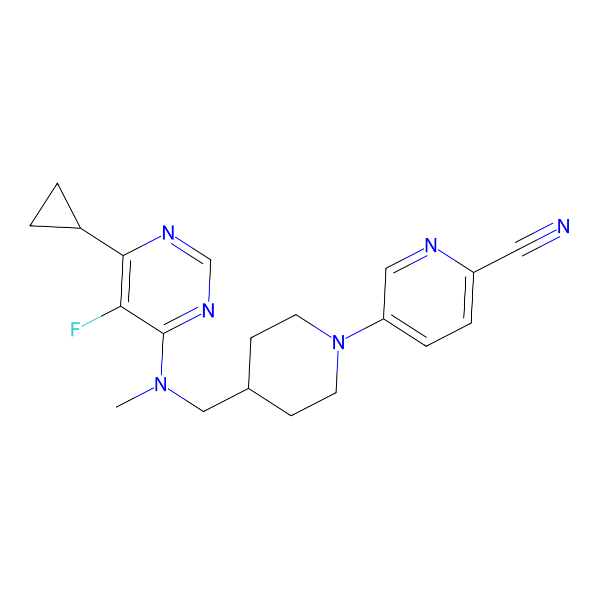 5-(4-{[(6-Cyclopropyl-5-fluoropyrimidin-4-yl)(methyl)amino]methyl}piperidin-1-yl)pyridine-2-carbonitrile molecular structure, CAS 2741955-35-9