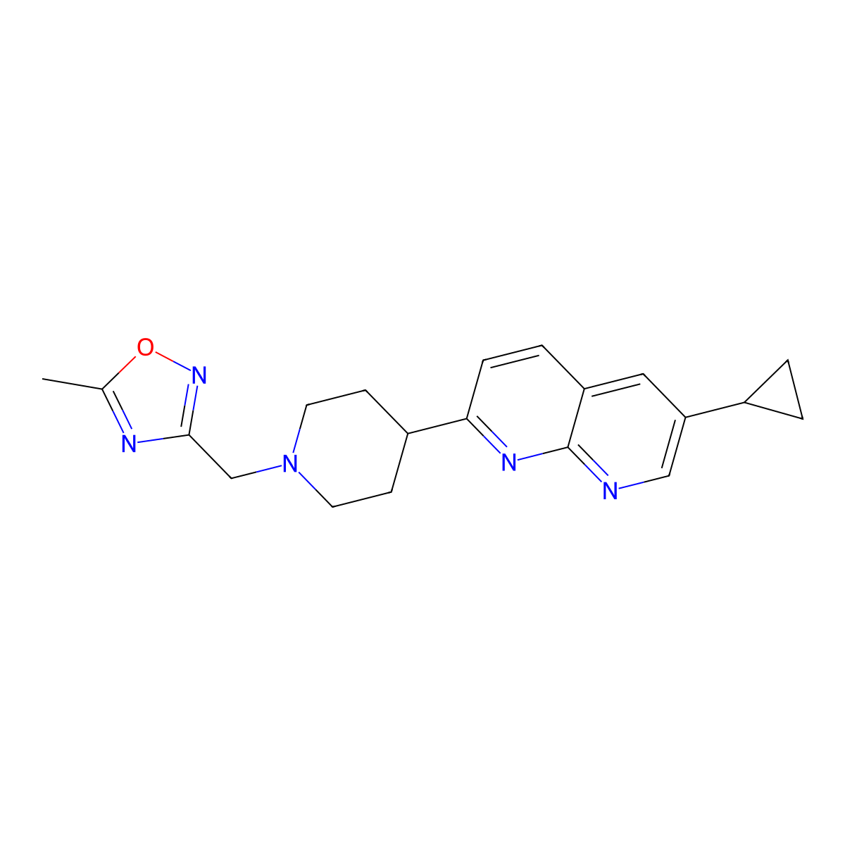 6-Cyclopropyl-2-{1-[(5-methyl-1,2,4-oxadiazol-3-yl)methyl]piperidin-4-yl}-1,8-naphthyridine molecular structure, CAS 2741955-41-7