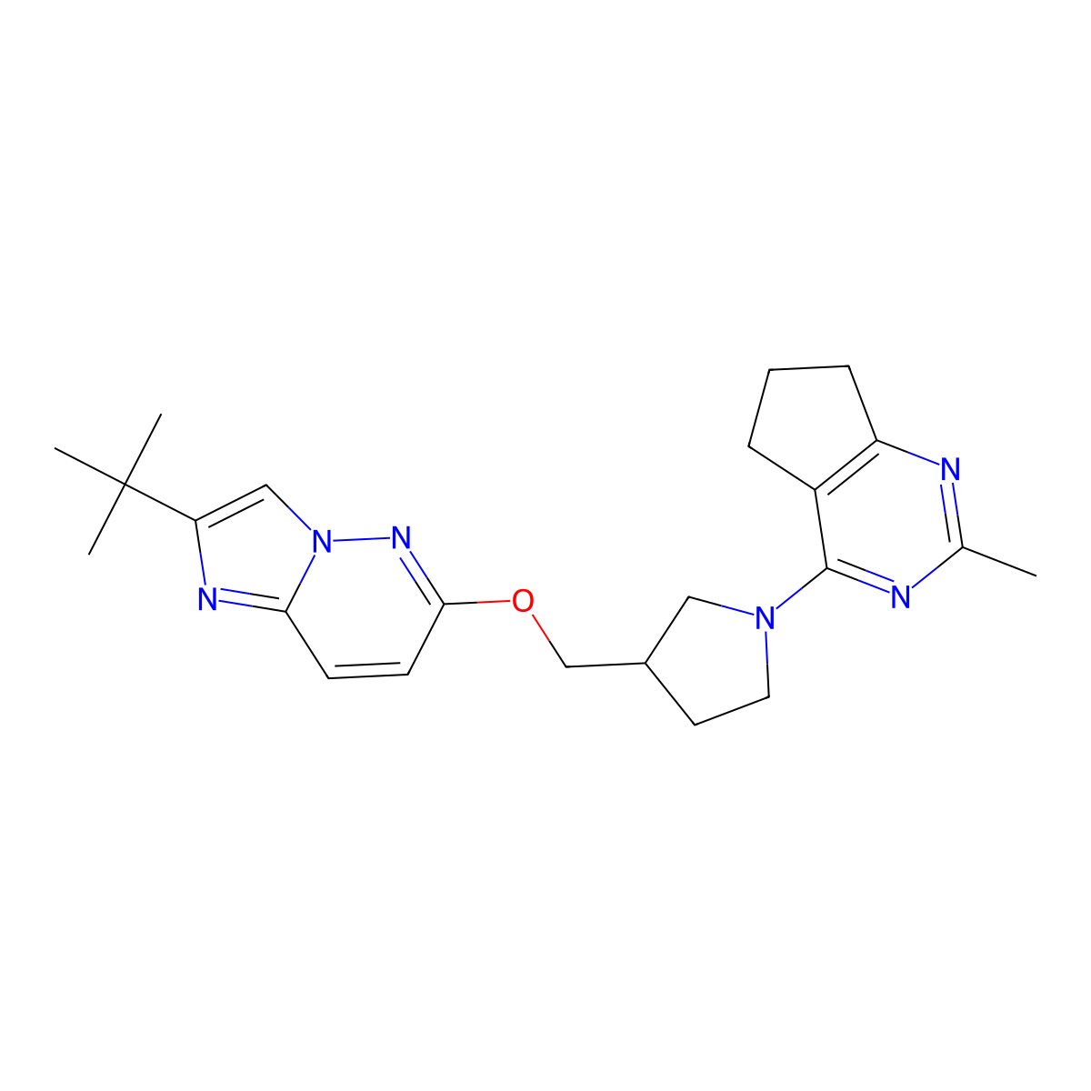 3-[({2-tert-butylimidazo[1,2-b]pyridazin-6-yl}oxy)methyl]-1-{2-methyl-5H,6H,7H-cyclopenta[d]pyrimidin-4-yl}pyrrolidine molecular structure, CAS 2741955-45-1