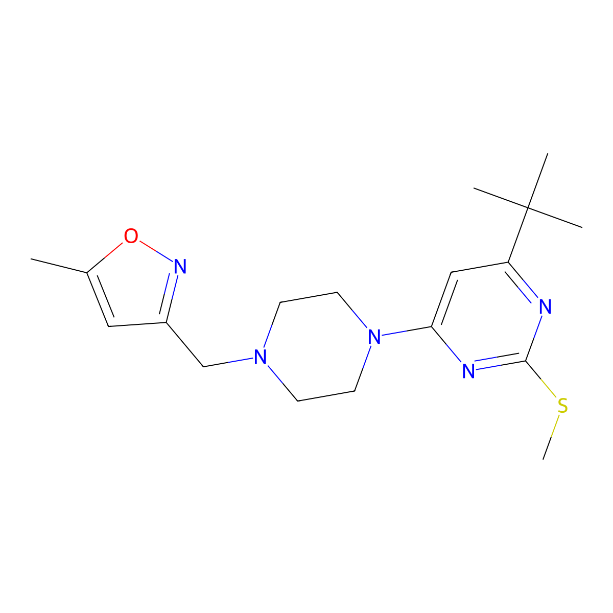 4-Tert-butyl-6-{4-[(5-methyl-1,2-oxazol-3-yl)methyl]piperazin-1-yl}-2-(methylsulfanyl)pyrimidine molecular structure, CAS 2741955-48-4