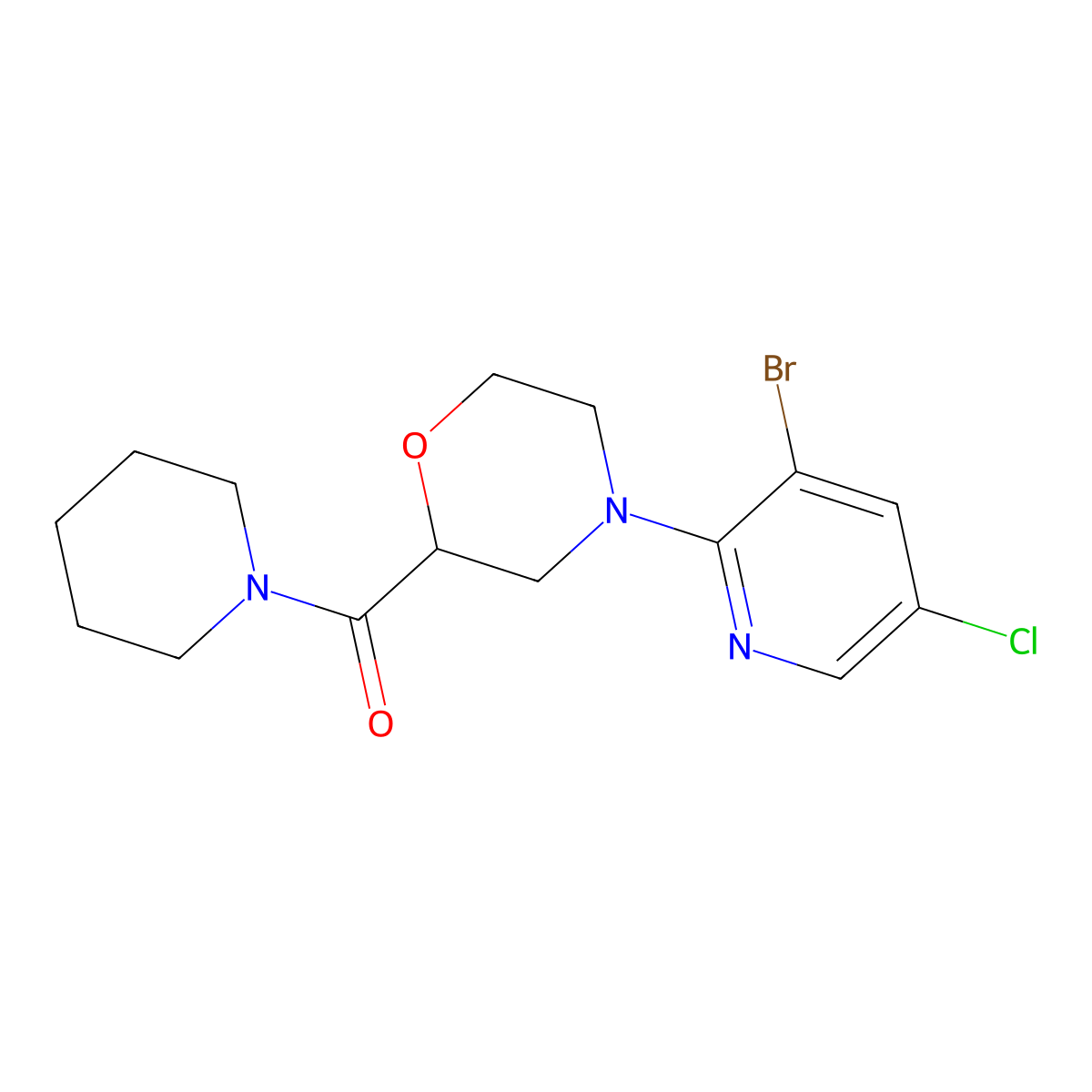 4-(3-Bromo-5-chloropyridin-2-yl)-2-(piperidine-1-carbonyl)morpholine molecular structure, CAS 2741955-51-9