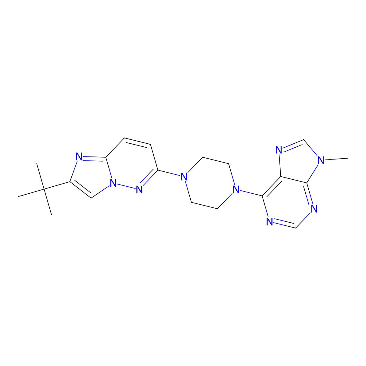 6-(4-{2-tert-butylimidazo[1,2-b]pyridazin-6-yl}piperazin-1-yl)-9-methyl-9H-purine molecular structure, CAS 2741955-55-3