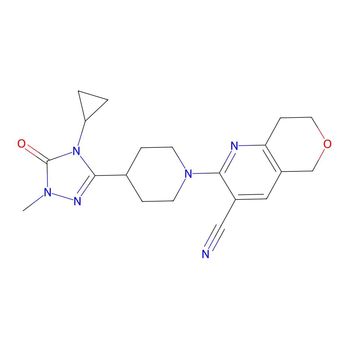 2-[4-(4-cyclopropyl-1-methyl-5-oxo-4,5-dihydro-1H-1,2,4-triazol-3-yl)piperidin-1-yl]-5H,7H,8H-pyrano[4,3-b]pyridine-3-carbonitrile molecular structure, CAS 2741955-56-4