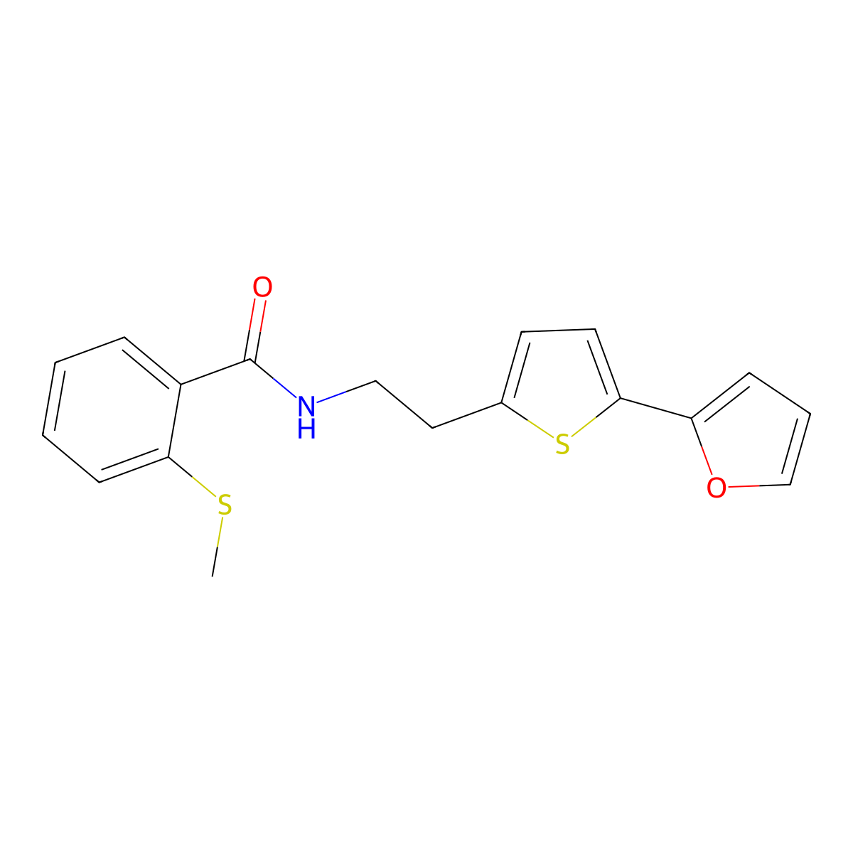 N-{2-[5-(furan-2-yl)thiophen-2-yl]ethyl}-2-(methylsulfanyl)benzamide molecular structure, CAS 2741955-58-6