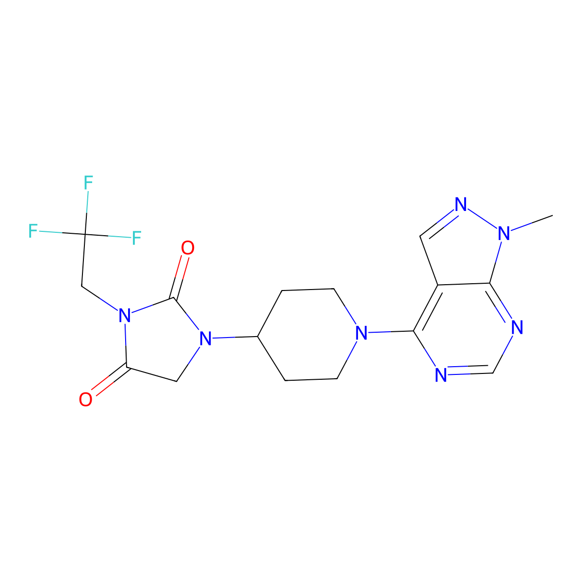 1-(1-{1-methyl-1H-pyrazolo[3,4-d]pyrimidin-4-yl}piperidin-4-yl)-3-(2,2,2-trifluoroethyl)imidazolidine-2,4-dione molecular structure, CAS 2741955-65-5
