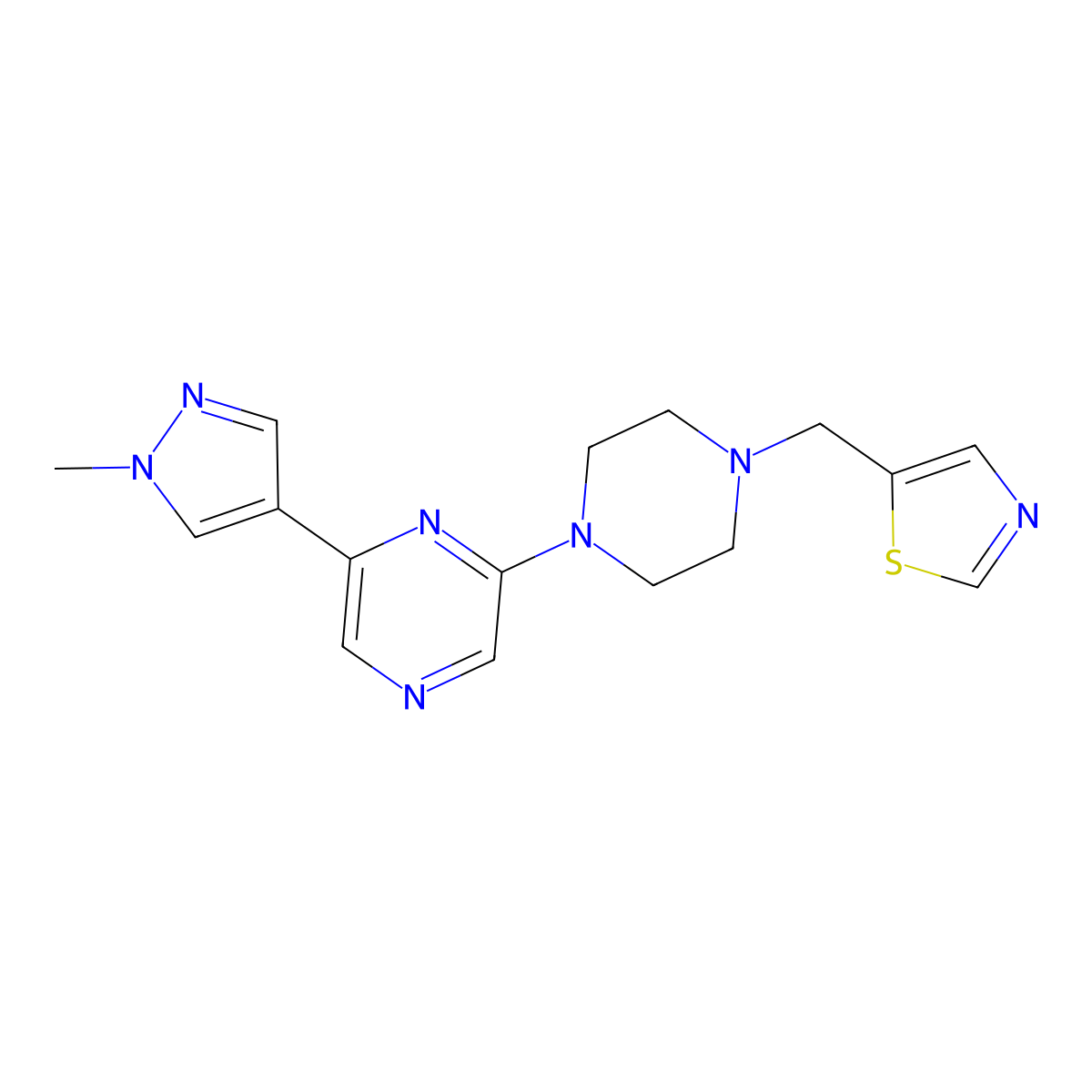 2-(1-methyl-1H-pyrazol-4-yl)-6-{4-[(1,3-thiazol-5-yl)methyl]piperazin-1-yl}pyrazine molecular structure, CAS 2741955-66-6
