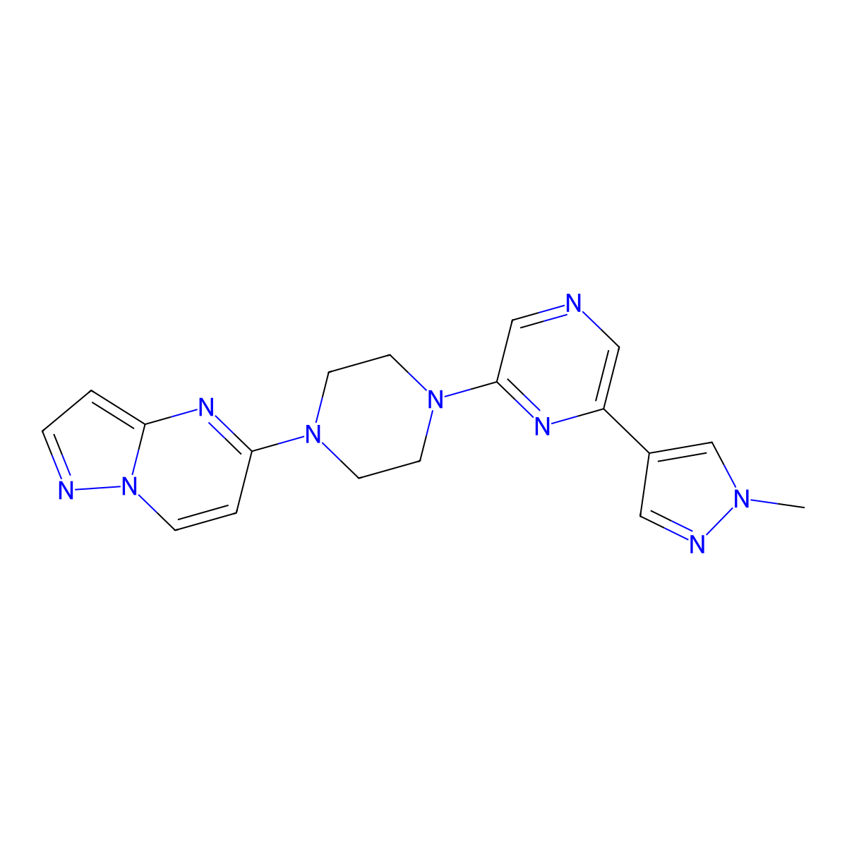 2-(1-methyl-1H-pyrazol-4-yl)-6-(4-{pyrazolo[1,5-a]pyrimidin-5-yl}piperazin-1-yl)pyrazine molecular structure, CAS 2741955-67-7