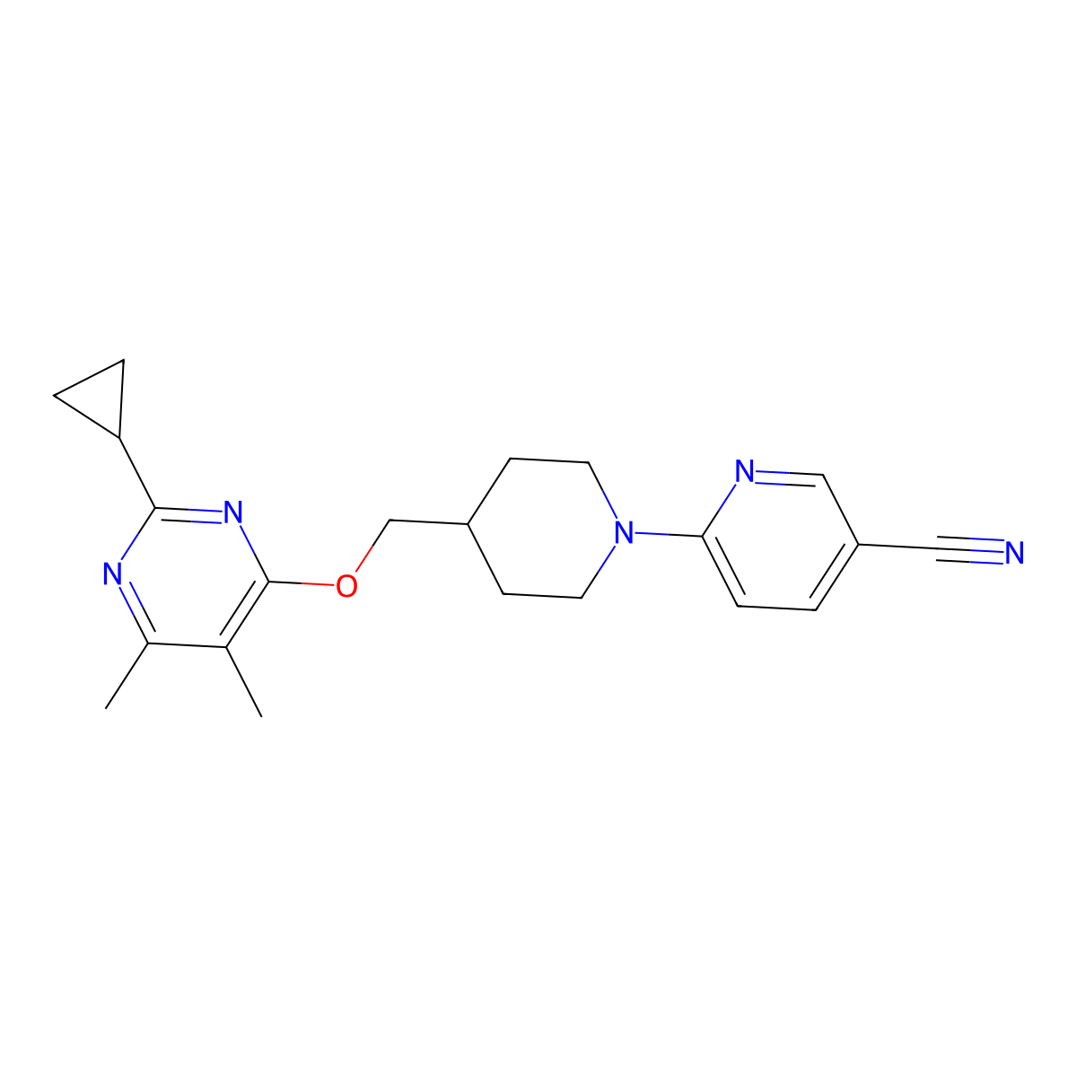 6-(4-{[(2-Cyclopropyl-5,6-dimethylpyrimidin-4-yl)oxy]methyl}piperidin-1-yl)pyridine-3-carbonitrile molecular structure, CAS 2741955-81-5