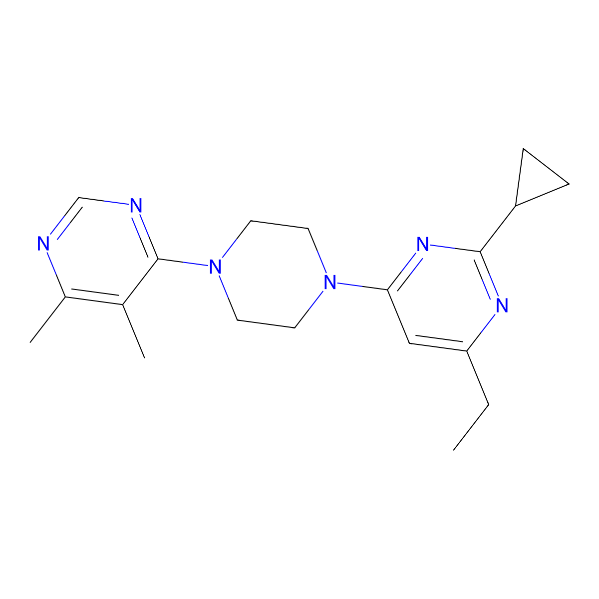 2-Cyclopropyl-4-[4-(5,6-dimethylpyrimidin-4-yl)piperazin-1-yl]-6-ethylpyrimidine molecular structure, CAS 2741956-94-3