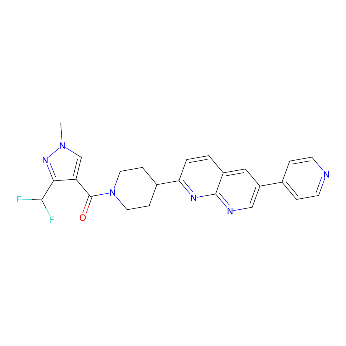 2-{1-[3-(difluoromethyl)-1-methyl-1H-pyrazole-4-carbonyl]piperidin-4-yl}-6-(pyridin-4-yl)-1,8-naphthyridine molecular structure, CAS 2741956-95-4
