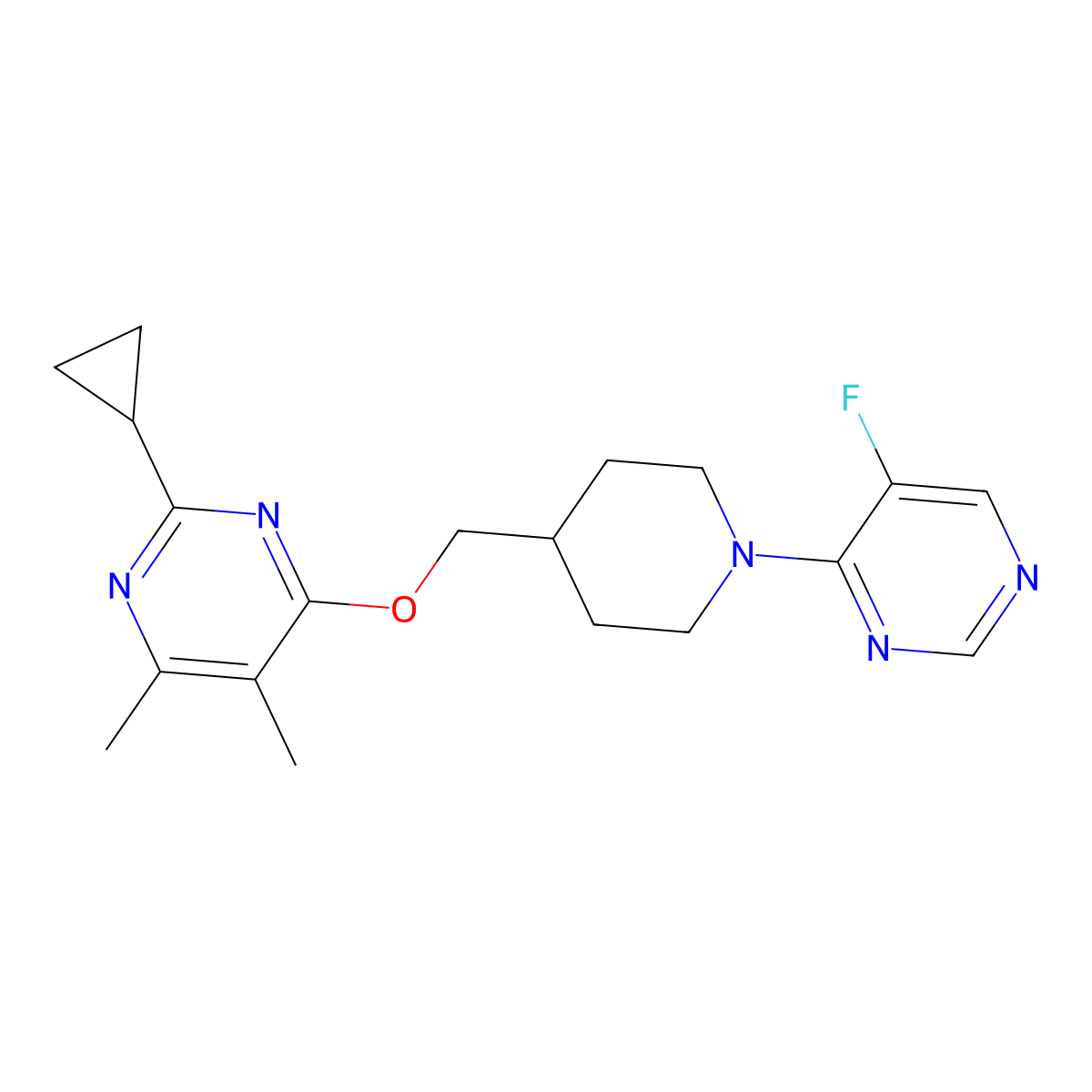 2-Cyclopropyl-4-{[1-(5-fluoropyrimidin-4-yl)piperidin-4-yl]methoxy}-5,6-dimethylpyrimidine molecular structure, CAS 2741956-96-5