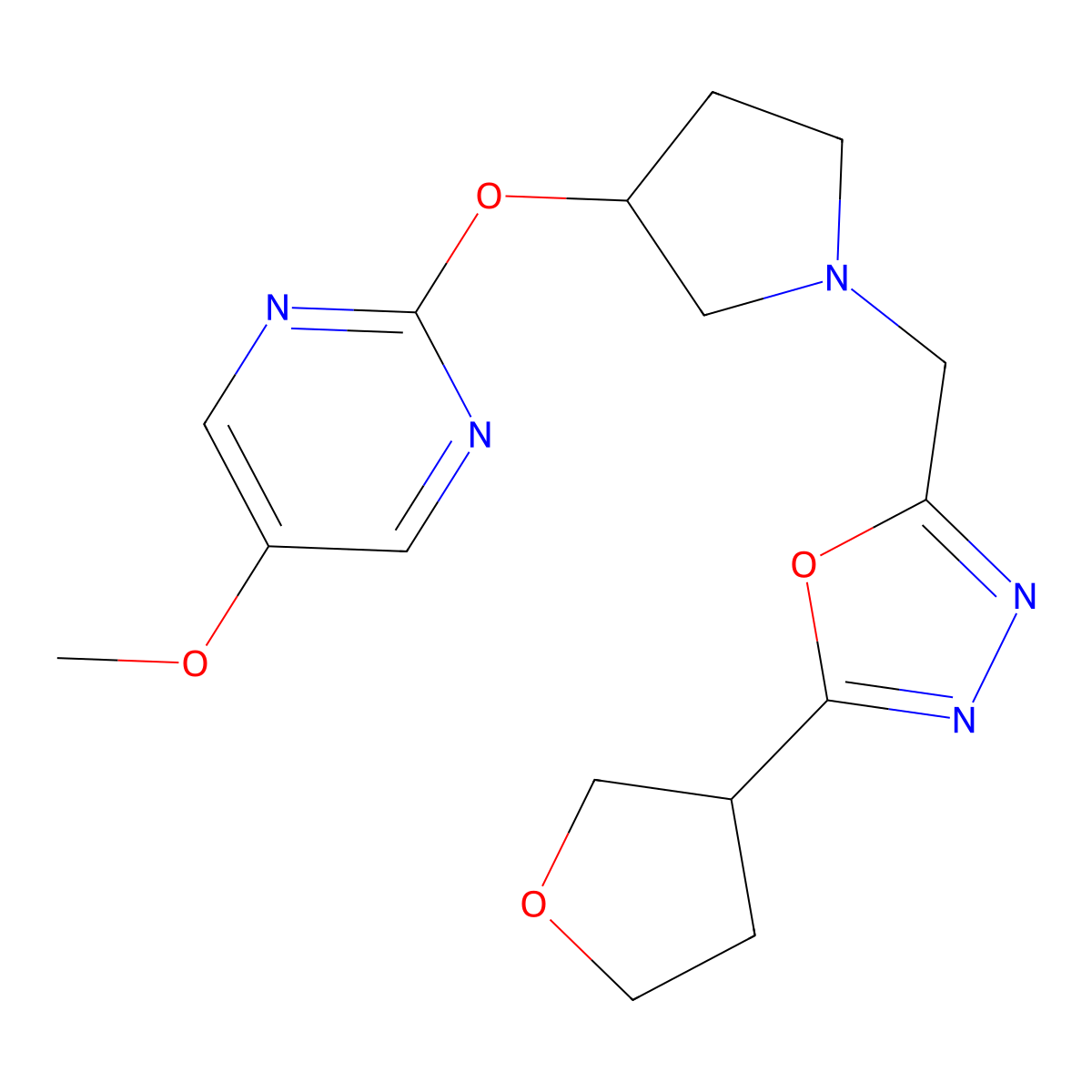 5-Methoxy-2-[(1-{[5-(oxolan-3-yl)-1,3,4-oxadiazol-2-yl]methyl}pyrrolidin-3-yl)oxy]pyrimidine molecular structure, CAS 2741956-97-6