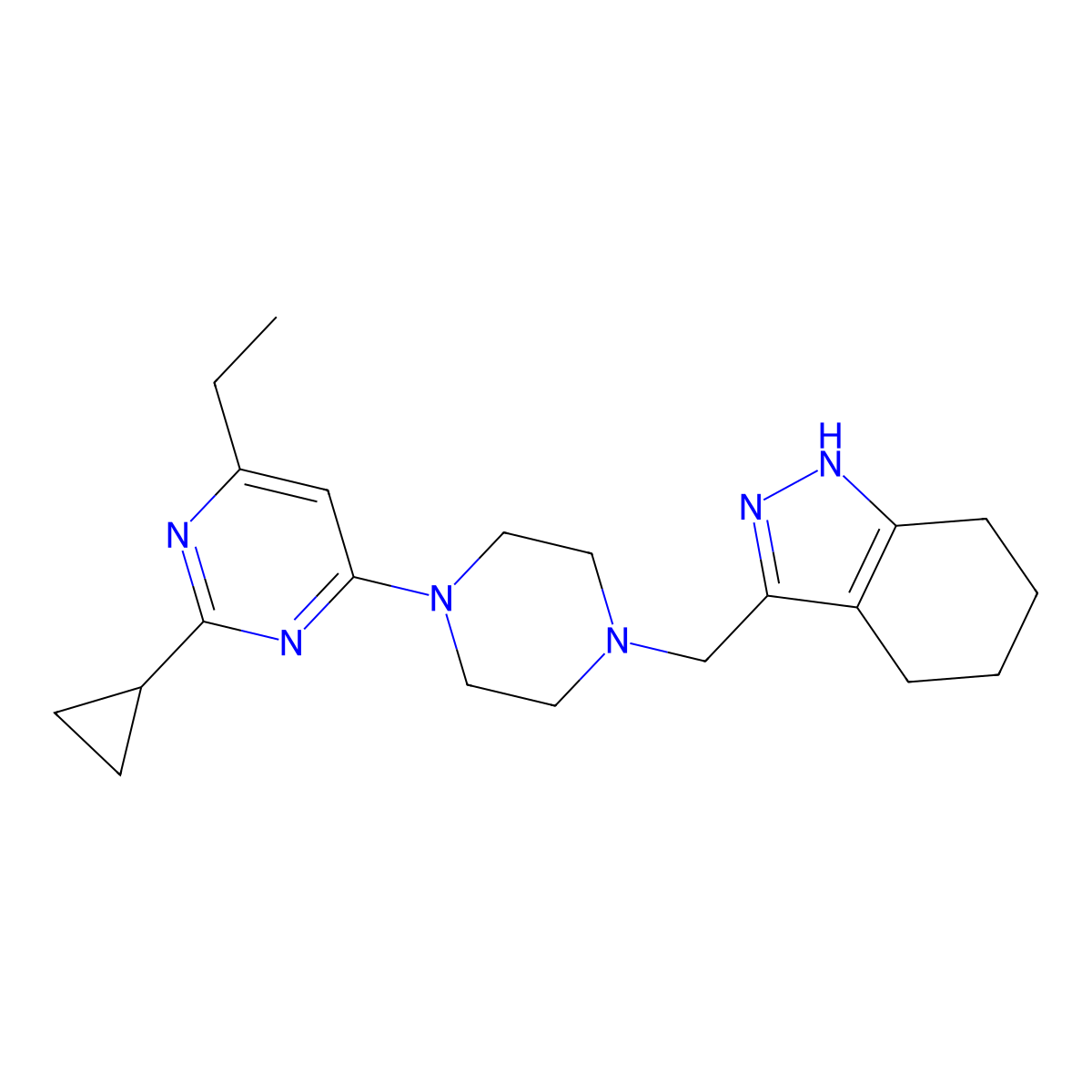 3-{[4-(2-cyclopropyl-6-ethylpyrimidin-4-yl)piperazin-1-yl]methyl}-4,5,6,7-tetrahydro-1H-indazole molecular structure, CAS 2741957-06-0