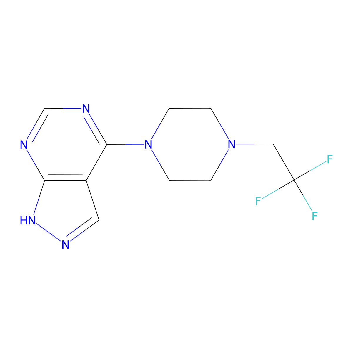 1-{1H-pyrazolo[3,4-d]pyrimidin-4-yl}-4-(2,2,2-trifluoroethyl)piperazine molecular structure, CAS 2741957-07-1
