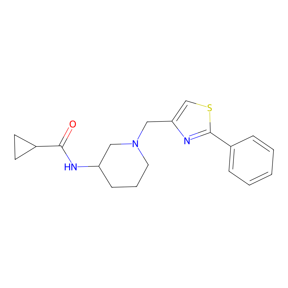N-{1-[(2-phenyl-1,3-thiazol-4-yl)methyl]piperidin-3-yl}cyclopropanecarboxamide molecular structure, CAS 2741957-09-3