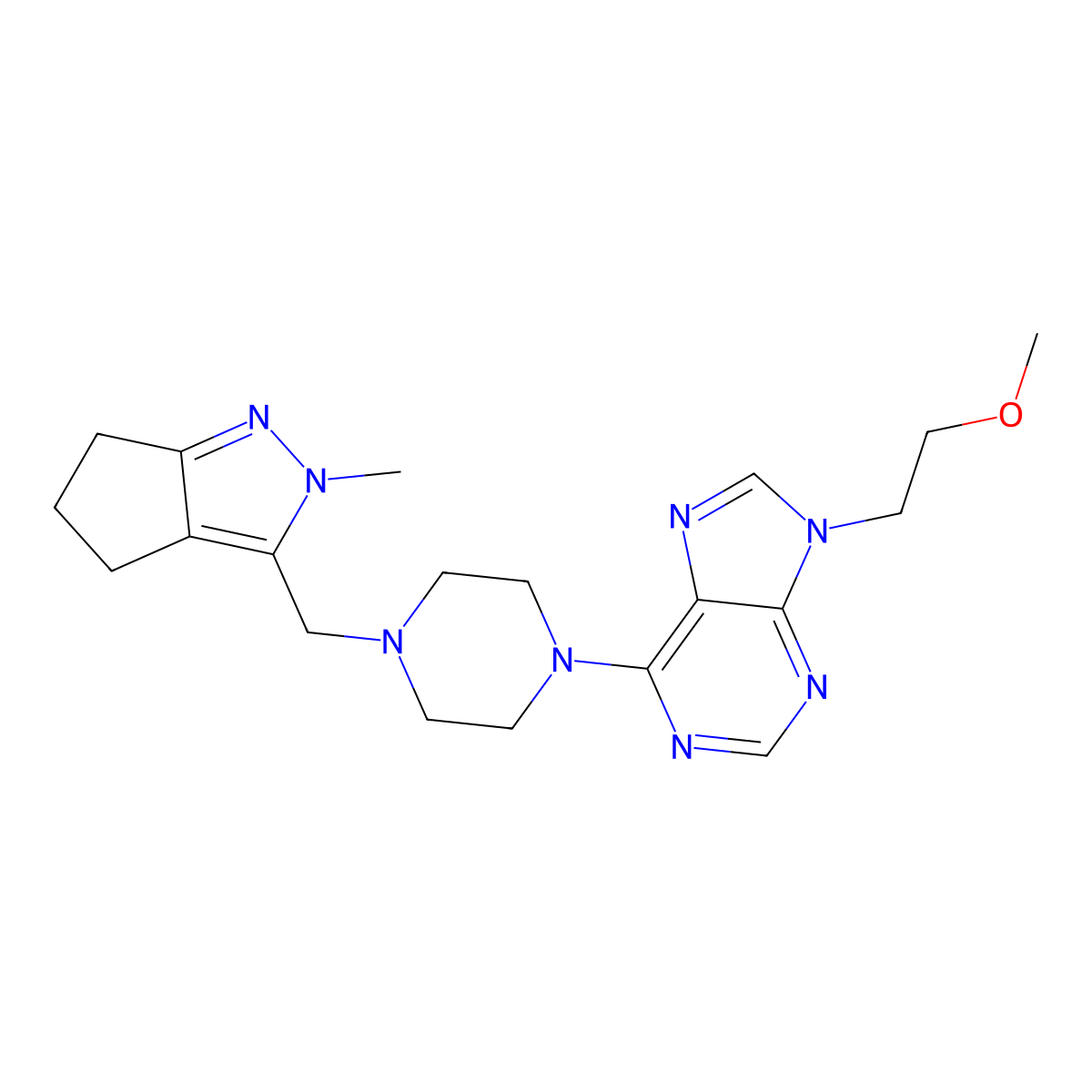 9-(2-methoxyethyl)-6-[4-({2-methyl-2H,4H,5H,6H-cyclopenta[c]pyrazol-3-yl}methyl)piperazin-1-yl]-9H-purine molecular structure, CAS 2741957-11-7