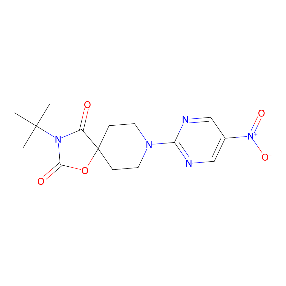 3-Tert-butyl-8-(5-nitropyrimidin-2-yl)-1-oxa-3,8-diazaspiro[4.5]decane-2,4-dione molecular structure, CAS 2741957-14-0