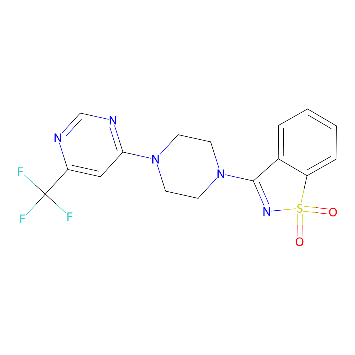 3-{4-[6-(Trifluoromethyl)pyrimidin-4-yl]piperazin-1-yl}-1lambda6,2-benzothiazole-1,1-dione molecular structure, CAS 2741957-24-2