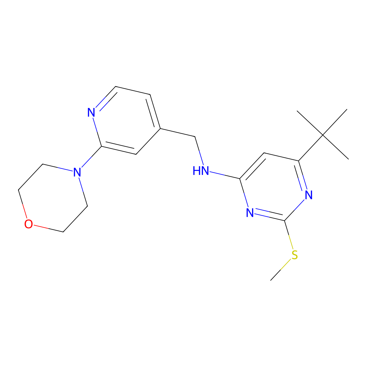 6-tert-butyl-2-(methylsulfanyl)-N-{[2-(morpholin-4-yl)pyridin-4-yl]methyl}pyrimidin-4-amine molecular structure, CAS 2741957-25-3