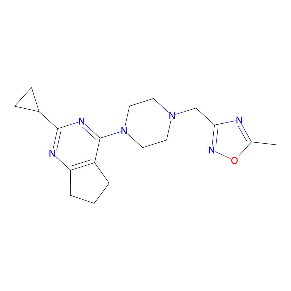 1-{2-cyclopropyl-5H,6H,7H-cyclopenta[d]pyrimidin-4-yl}-4-[(5-methyl-1,2,4-oxadiazol-3-yl)methyl]piperazine molecular structure, CAS 2741957-28-6