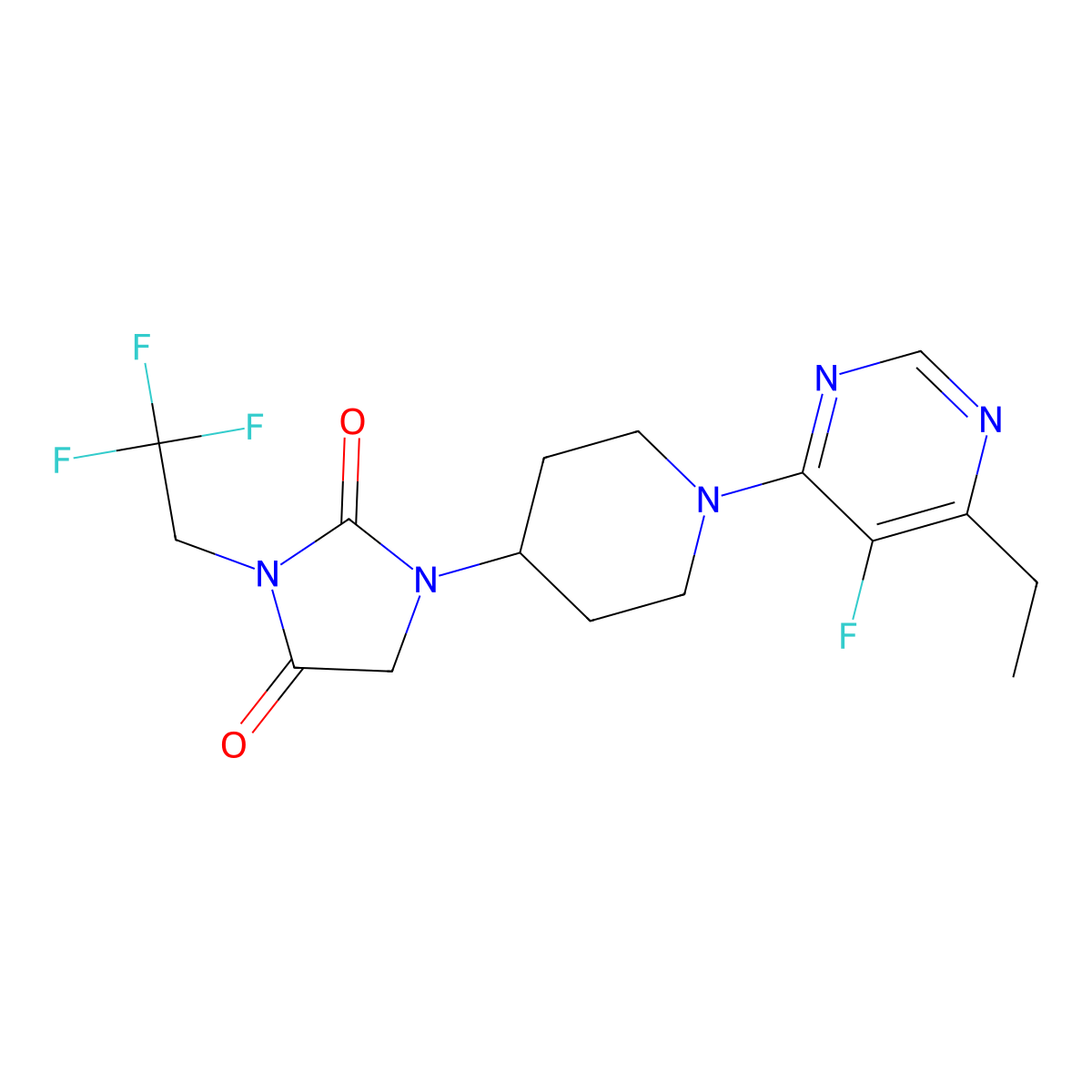 1-[1-(6-Ethyl-5-fluoropyrimidin-4-yl)piperidin-4-yl]-3-(2,2,2-trifluoroethyl)imidazolidine-2,4-dione molecular structure, CAS 2741957-33-3