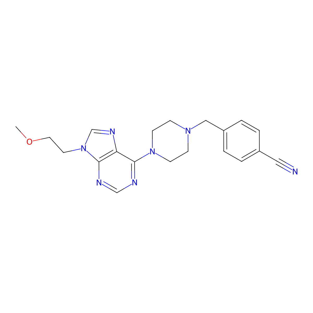 4-({4-[9-(2-methoxyethyl)-9H-purin-6-yl]piperazin-1-yl}methyl)benzonitrile molecular structure, CAS 2741957-34-4