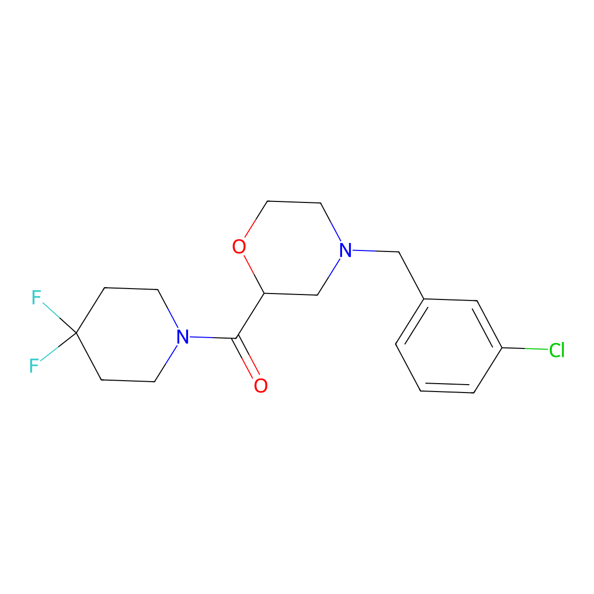 4-[(3-Chlorophenyl)methyl]-2-(4,4-difluoropiperidine-1-carbonyl)morpholine molecular structure, CAS 2741957-37-7