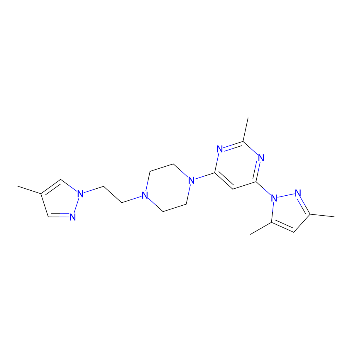 4-(3,5-dimethyl-1H-pyrazol-1-yl)-2-methyl-6-{4-[2-(4-methyl-1H-pyrazol-1-yl)ethyl]piperazin-1-yl}pyrimidine molecular structure, CAS 2741957-48-0