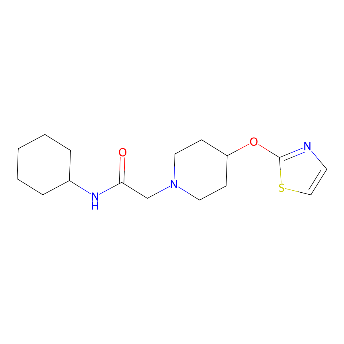 N-cyclohexyl-2-[4-(1,3-thiazol-2-yloxy)piperidin-1-yl]acetamide molecular structure, CAS 2741957-50-4