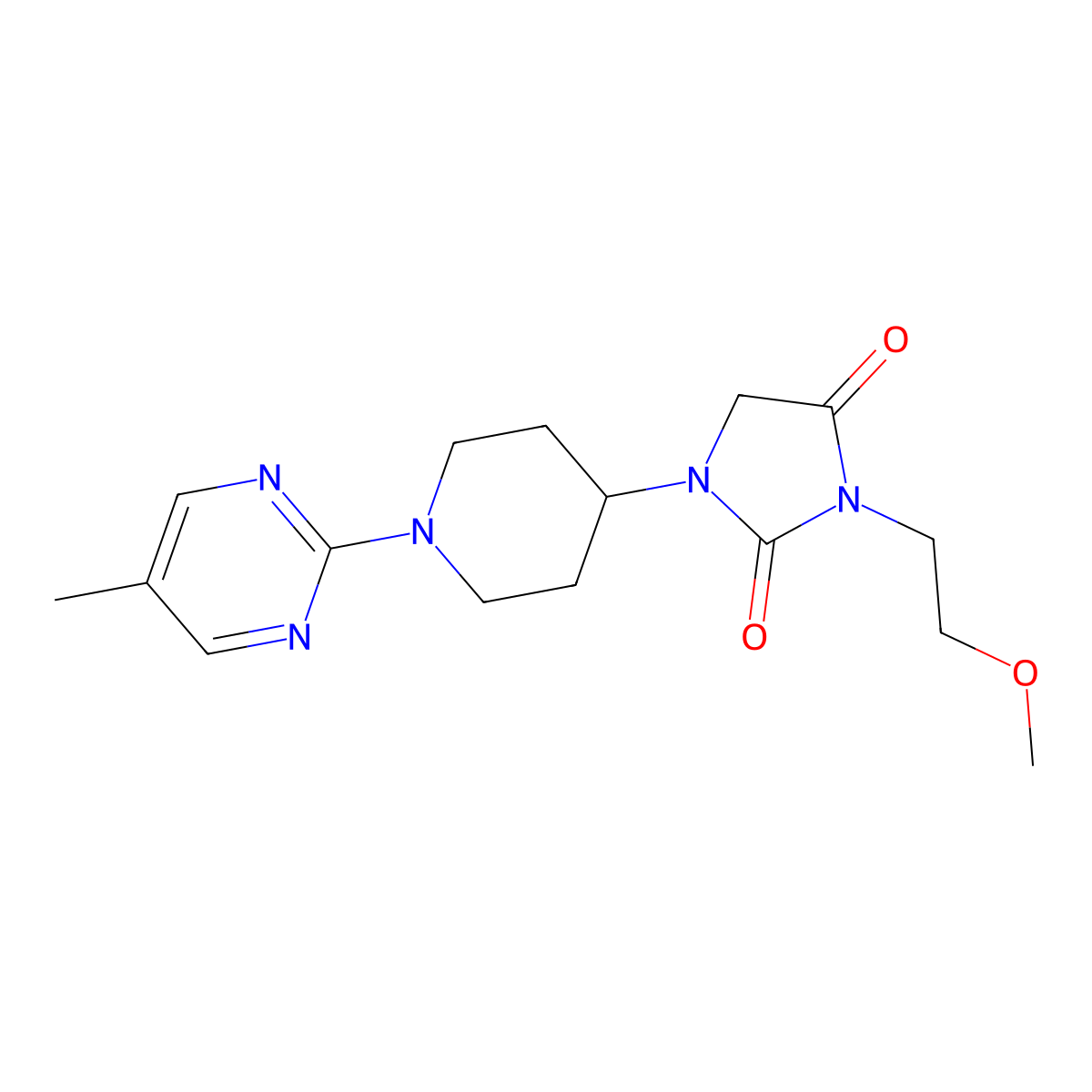 3-(2-Methoxyethyl)-1-[1-(5-methylpyrimidin-2-yl)piperidin-4-yl]imidazolidine-2,4-dione molecular structure, CAS 2741957-51-5