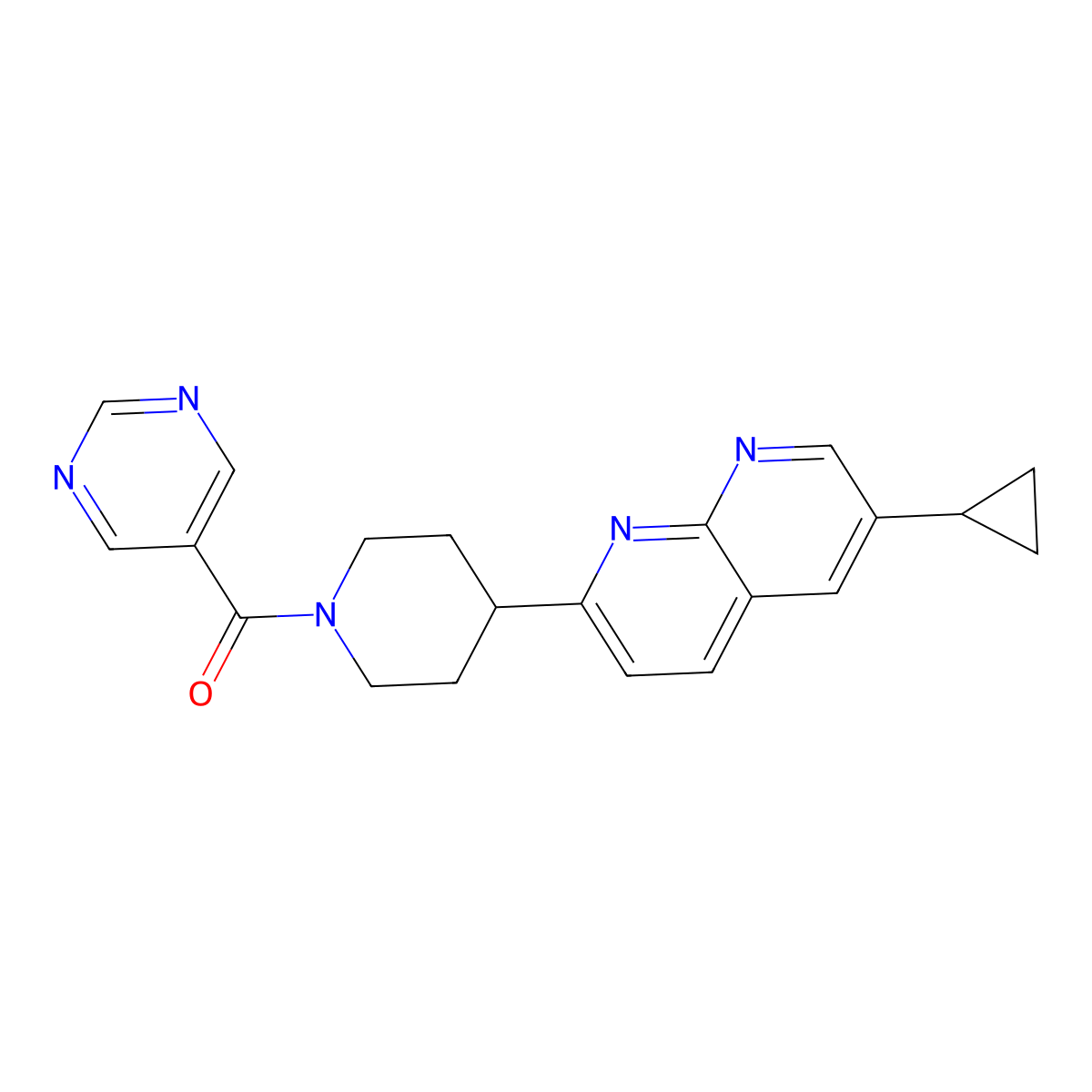 6-Cyclopropyl-2-[1-(pyrimidine-5-carbonyl)piperidin-4-yl]-1,8-naphthyridine molecular structure, CAS 2741957-54-8