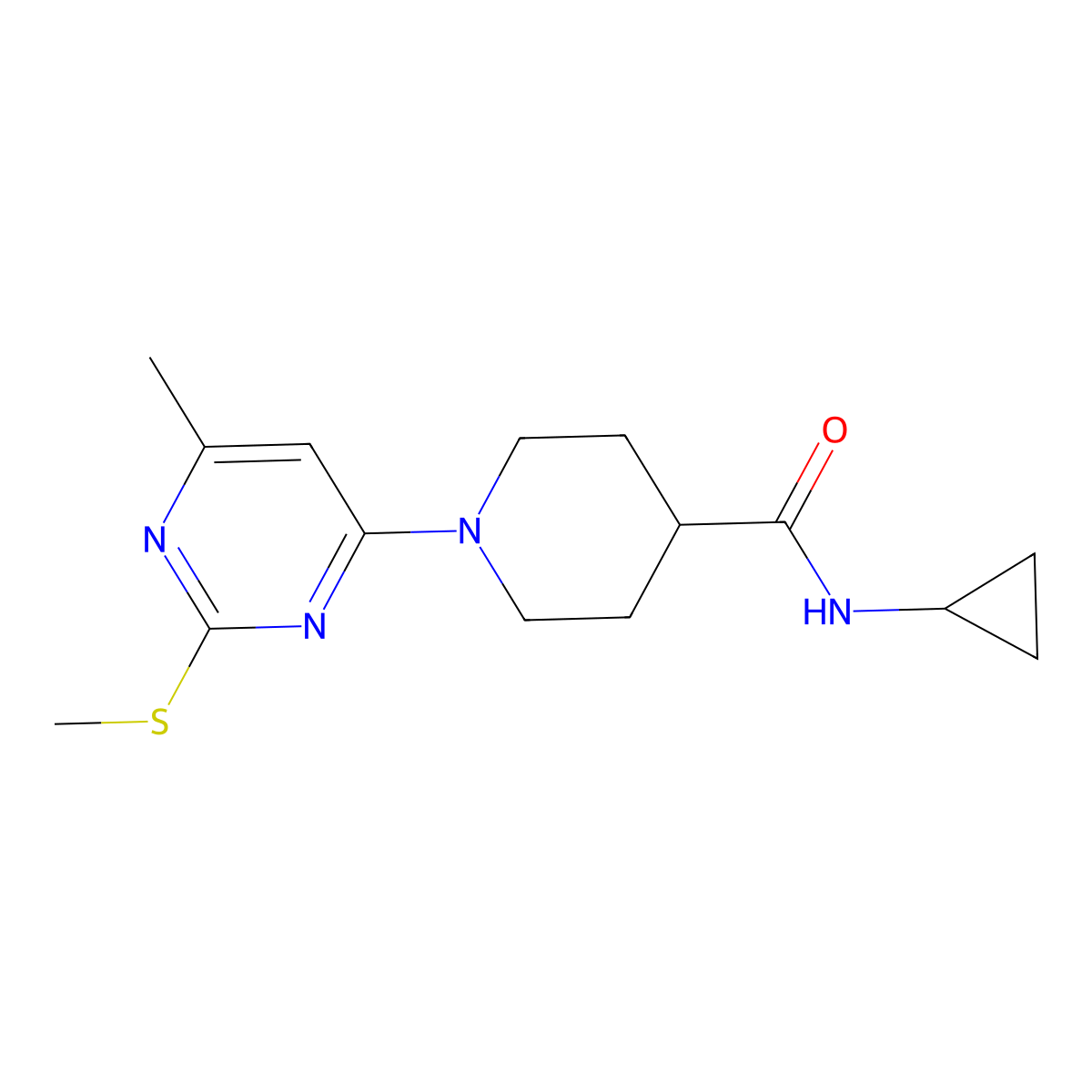 N-cyclopropyl-1-[6-methyl-2-(methylsulfanyl)pyrimidin-4-yl]piperidine-4-carboxamide molecular structure, CAS 2741957-59-3