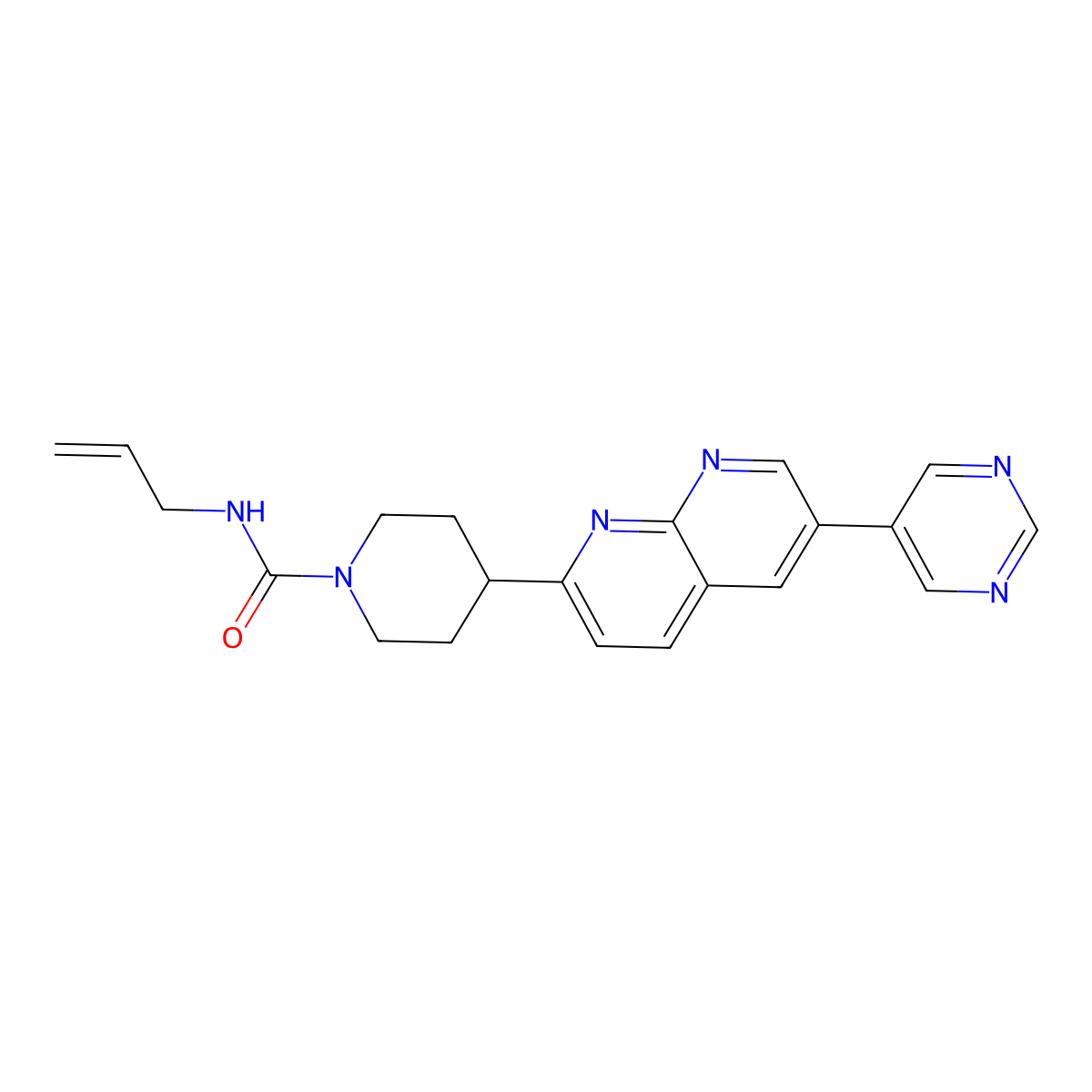N-(prop-2-en-1-yl)-4-[6-(pyrimidin-5-yl)-1,8-naphthyridin-2-yl]piperidine-1-carboxamide molecular structure, CAS 2741957-61-7