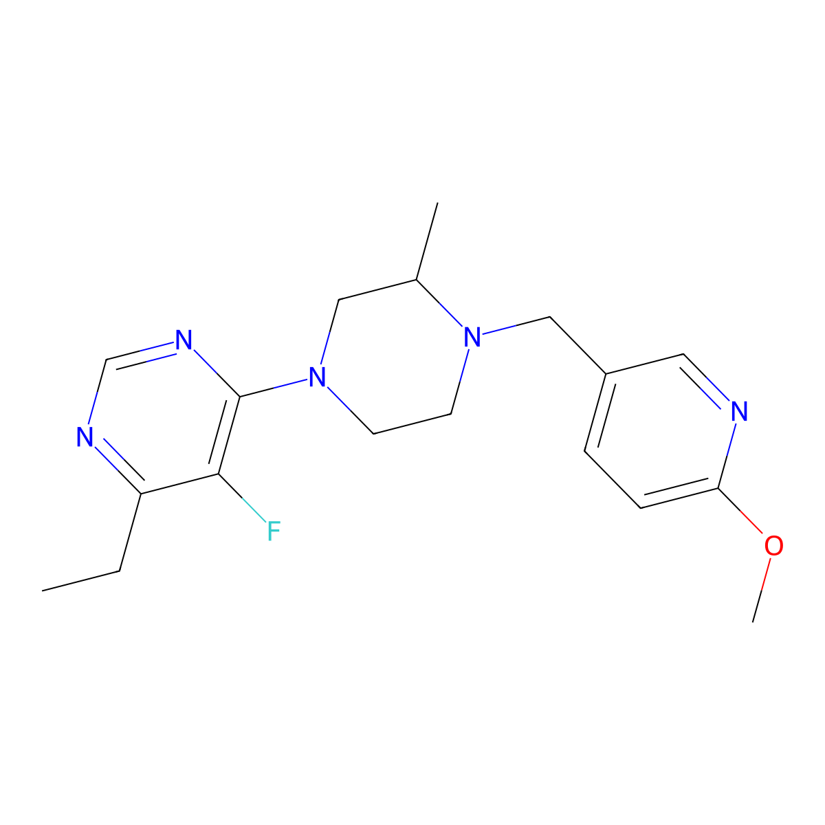 4-Ethyl-5-fluoro-6-{4-[(6-methoxypyridin-3-yl)methyl]-3-methylpiperazin-1-yl}pyrimidine molecular structure, CAS 2741957-62-8
